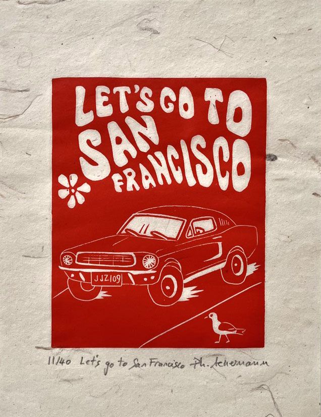 Linogravure figuratif petit format beige et rouge LET S GO TO SAN FRANCISCO – PHILIPPE ACHERMANN – 18 × 24 cm