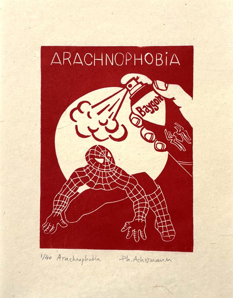 Linogravure figuratif petit format bleu ARACHNOPHOBIA – PHILIPPE ACHERMANN – 18 × 24 cm