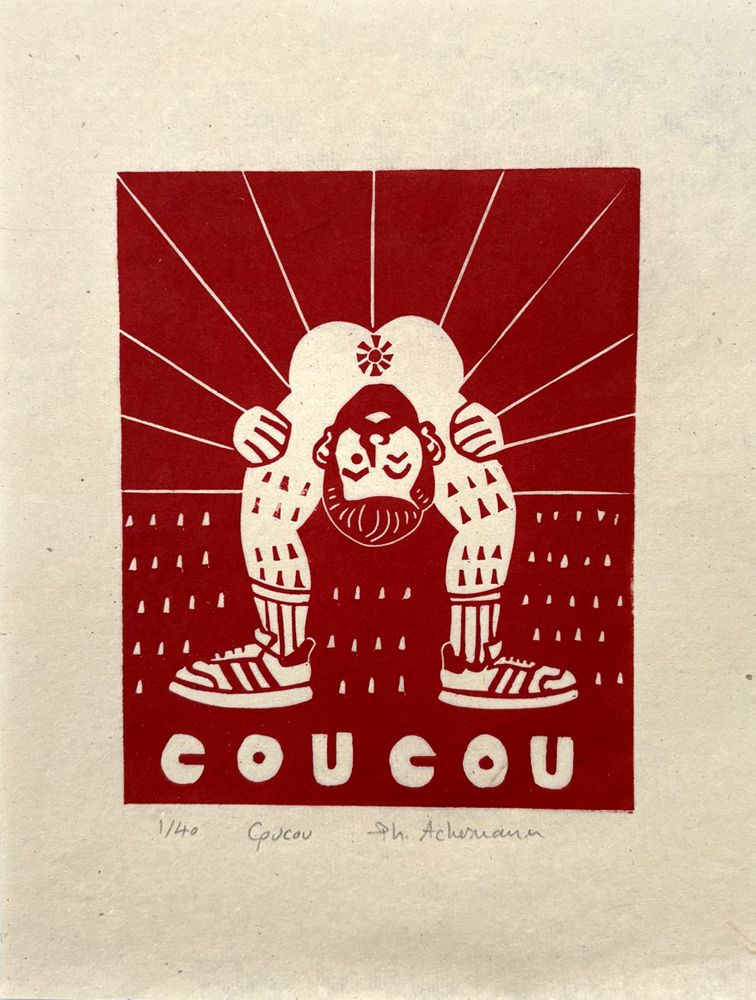 Linogravure figuratif petit format bleu COUCOU – PHILIPPE ACHERMANN – 18 × 24 cm