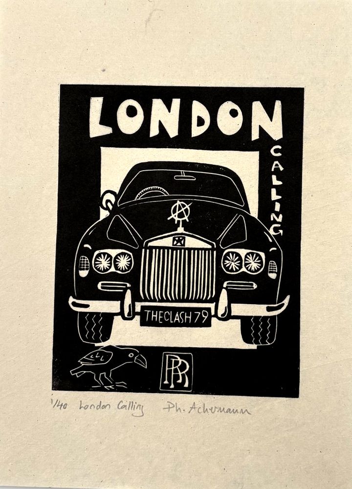 Linogravure figuratif petit format bleu LONDON CALLING – PHILIPPE ACHERMANN – 18 × 24 cm