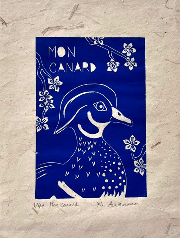 Linogravure figuratif petit format bleu MON CANARD – PHILIPPE ACHERMANN – 18 × 24 cm