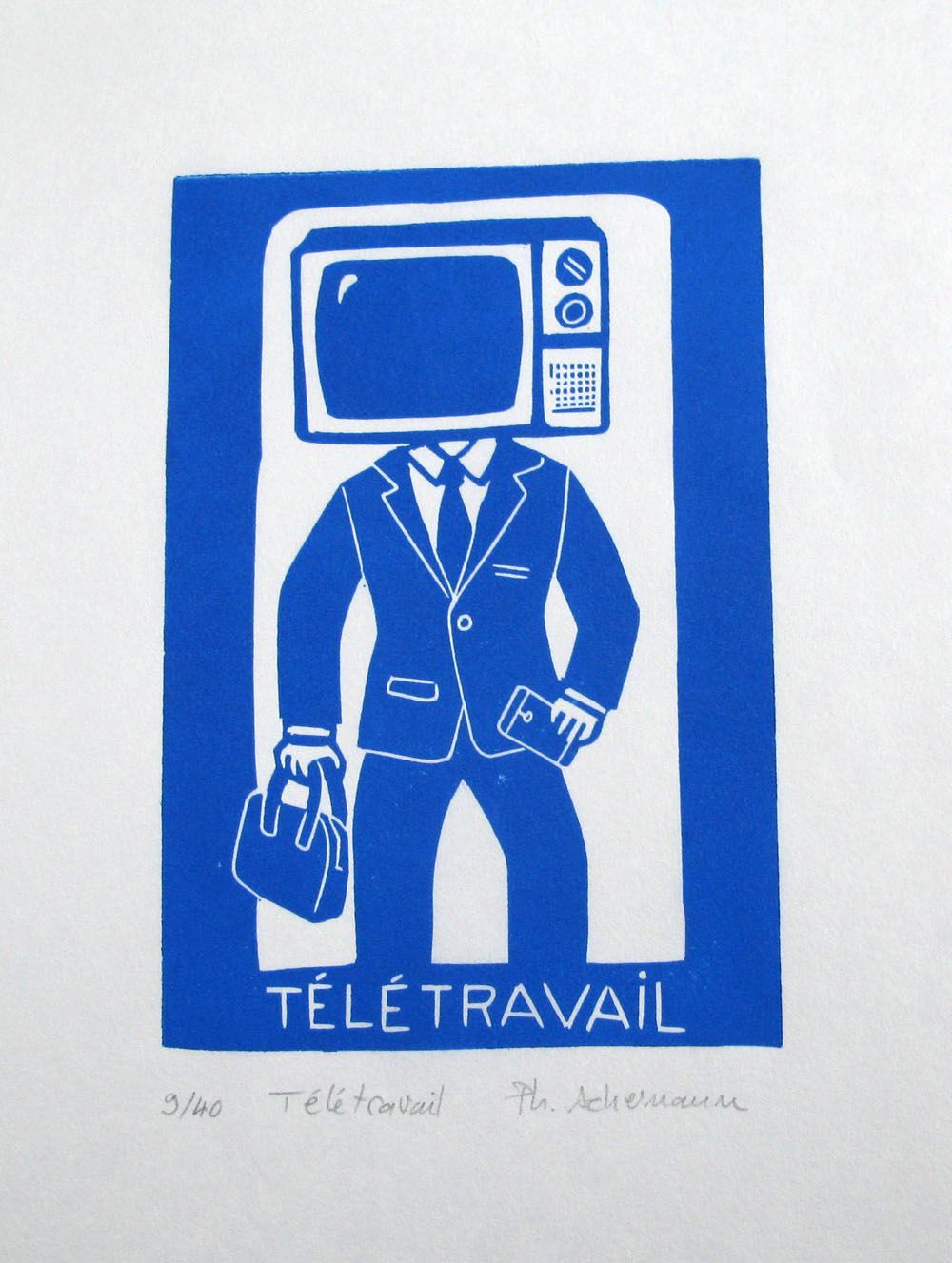 Linogravure figuratif petit format bleu Télétravail – PHILIPPE ACHERMANN – 24 × 18 cm