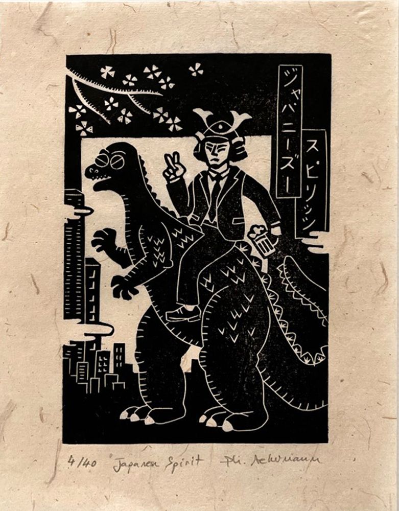 Linogravure figuratif petit format creme et noir Japanese spirit – PHILIPPE ACHERMANN – 18 × 24 cm