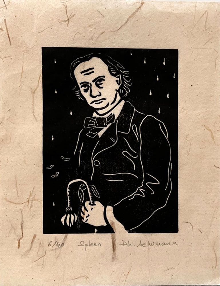 Linogravure figuratif petit format creme et noir Spleen – PHILIPPE ACHERMANN – 18 × 24 cm