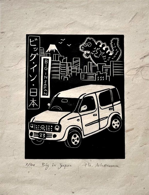 Linogravure figuratif petit format noir BIG IN JAPAN – PHILIPPE ACHERMANN – 18 × 24 cm