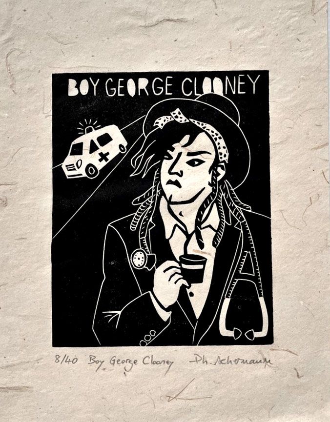 Linogravure figuratif petit format noir BOY GEORGE CLOONEY – PHILIPPE ACHERMANN – 18 × 24 cm