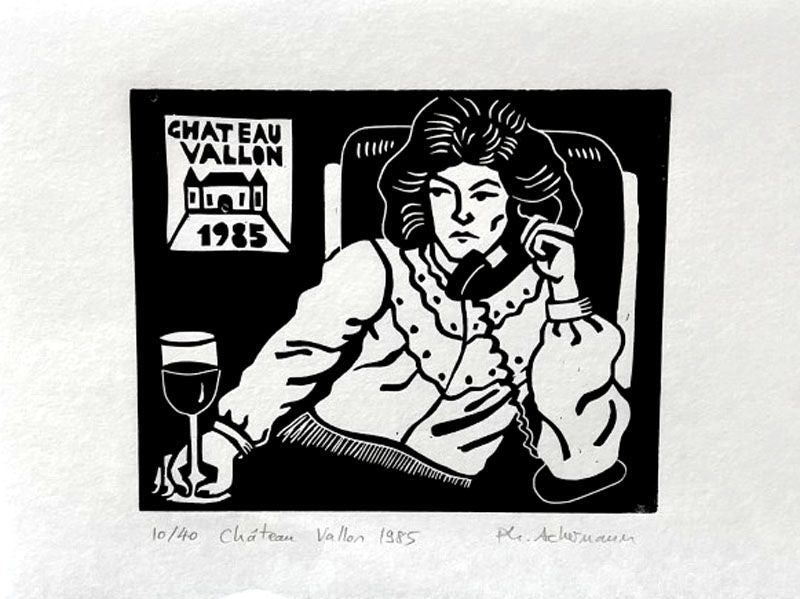 Linogravure figuratif petit format noir CHATEAU VALLON 1985 – PHILIPPE ACHERMANN – 18 × 24 cm