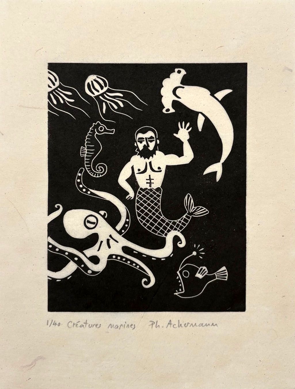 Linogravure figuratif petit format noir Creatures marines – PHILIPPE ACHERMANN – 18 × 24 cm