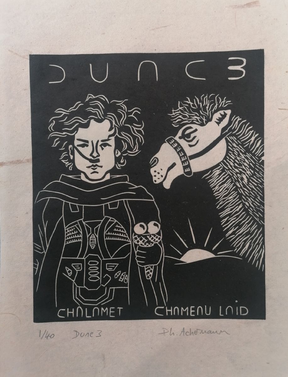 Linogravure figuratif petit format noir DUNE 3 – PHILIPPE ACHERMANN – 18 × 24 cm