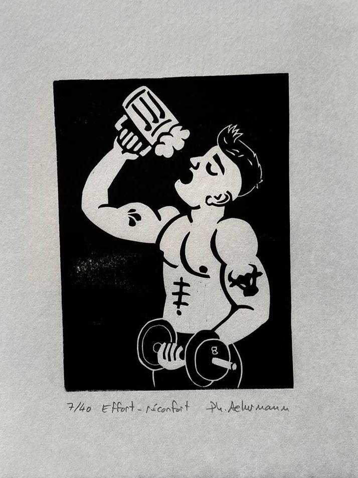 Linogravure figuratif petit format noir Effort - réconfort – PHILIPPE ACHERMANN – 24 × 18 cm