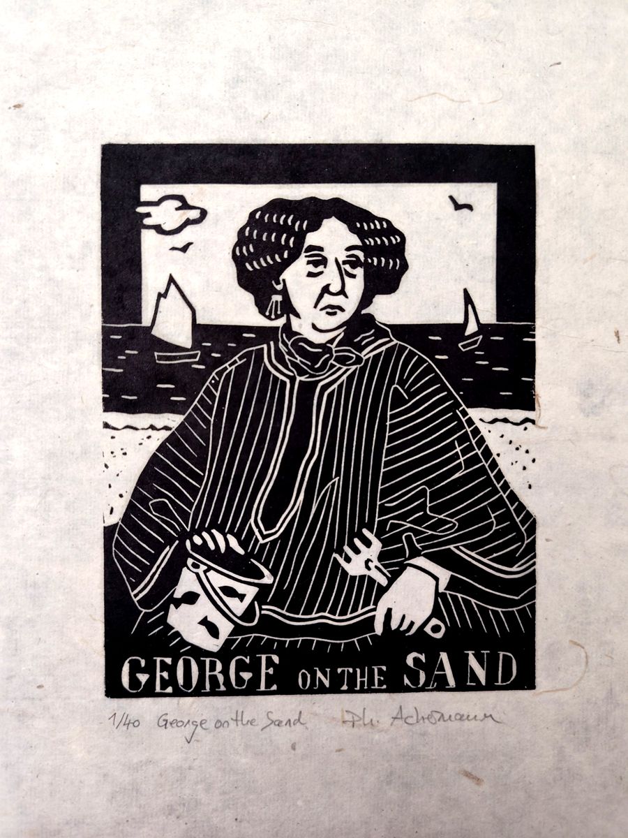 Linogravure figuratif petit format noir GEORGE ON THE SAND – PHILIPPE ACHERMANN – 18 × 24 cm