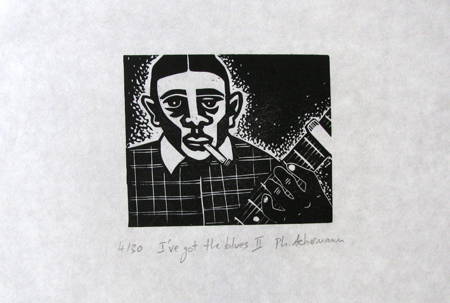 Linogravure figuratif petit format noir I'VE GOT THE BLUES II – PHILIPPE ACHERMANN – 18 × 24 cm