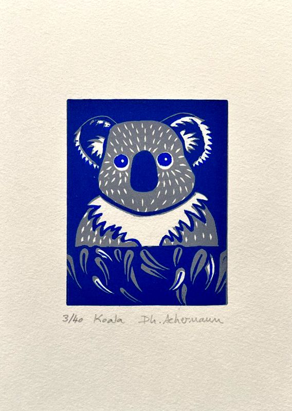 Linogravure figuratif petit format noir KOALA – PHILIPPE ACHERMANN – 15 × 21 cm