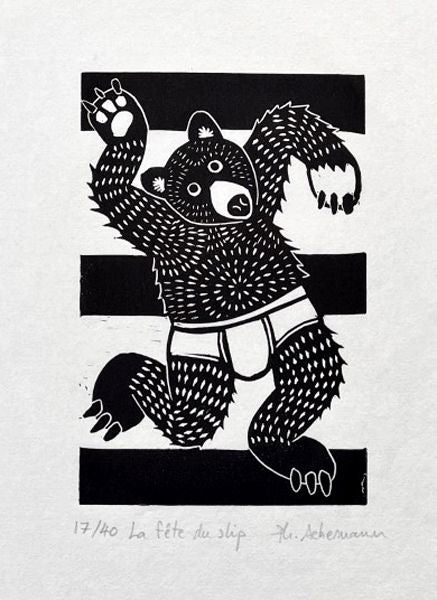 Linogravure figuratif petit format noir LA FETE DU SLIP – PHILIPPE ACHERMANN – 18 × 24 cm