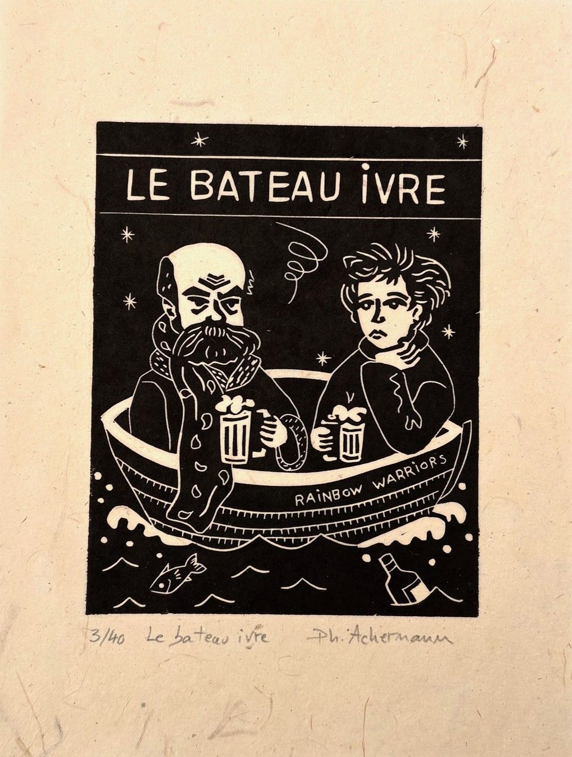 Linogravure figuratif petit format noir Le bateau ivre – PHILIPPE ACHERMANN – 18 × 24 cm