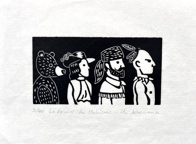 Linogravure figuratif petit format noir LE DERNIER DES MOHICANS – PHILIPPE ACHERMANN – 18 × 24 cm