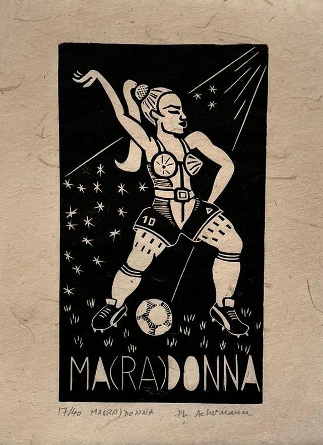 Linogravure figuratif petit format noir Ma(ra)donna – PHILIPPE ACHERMANN – 24 × 18 cm