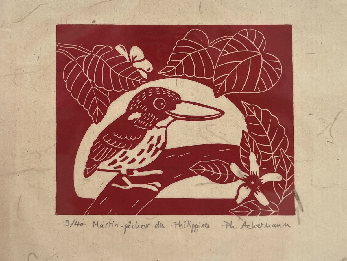 Linogravure figuratif petit format noir MARTIN PECHEUR – PHILIPPE ACHERMANN – 18 × 24 cm