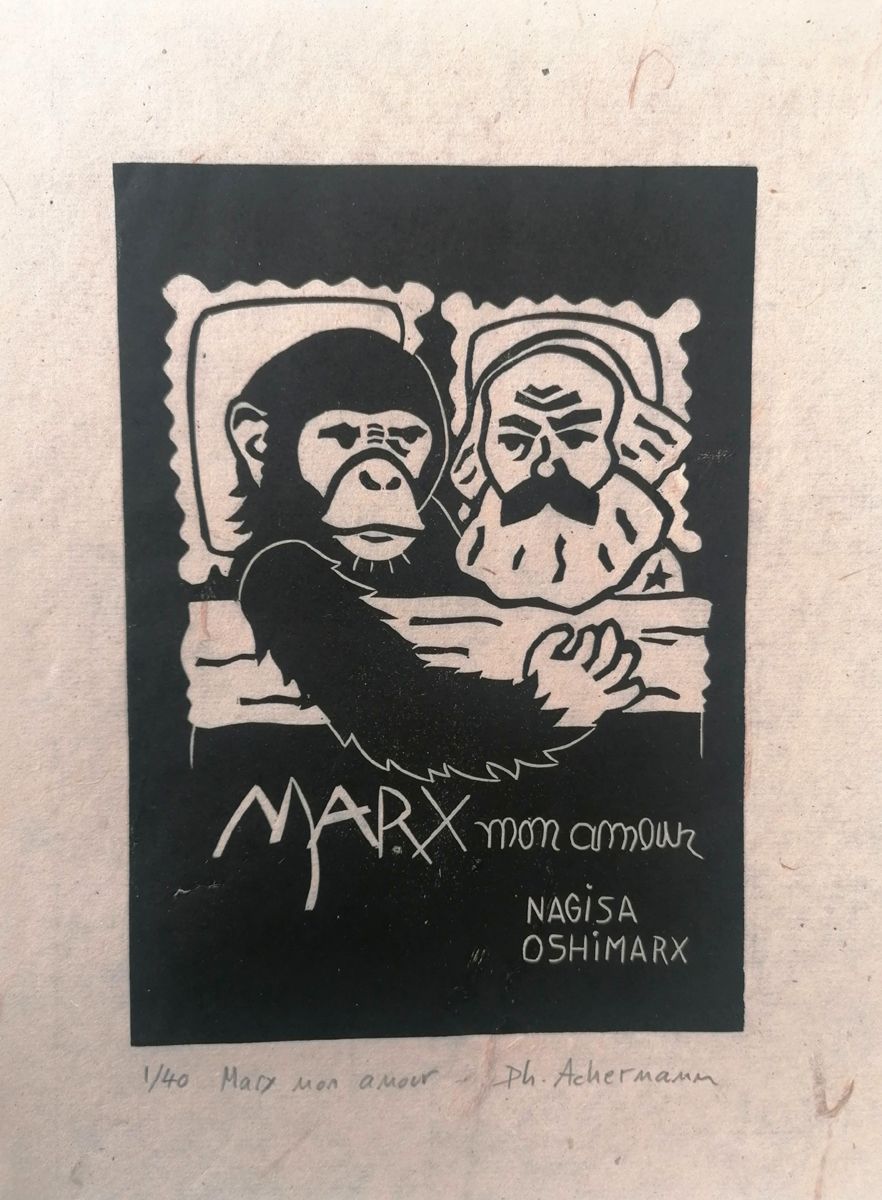 Linogravure figuratif petit format noir MARX MON AMOUR – PHILIPPE ACHERMANN – 18 × 24 cm