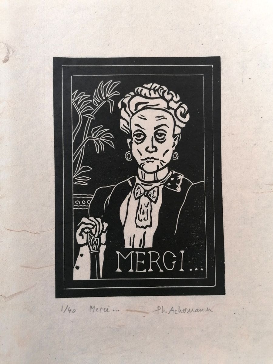 Linogravure figuratif petit format noir MERCI... – PHILIPPE ACHERMANN – 18 × 24 cm