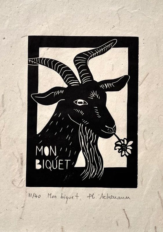 Linogravure figuratif petit format noir MON BIQUET – PHILIPPE ACHERMANN – 18 × 24 cm