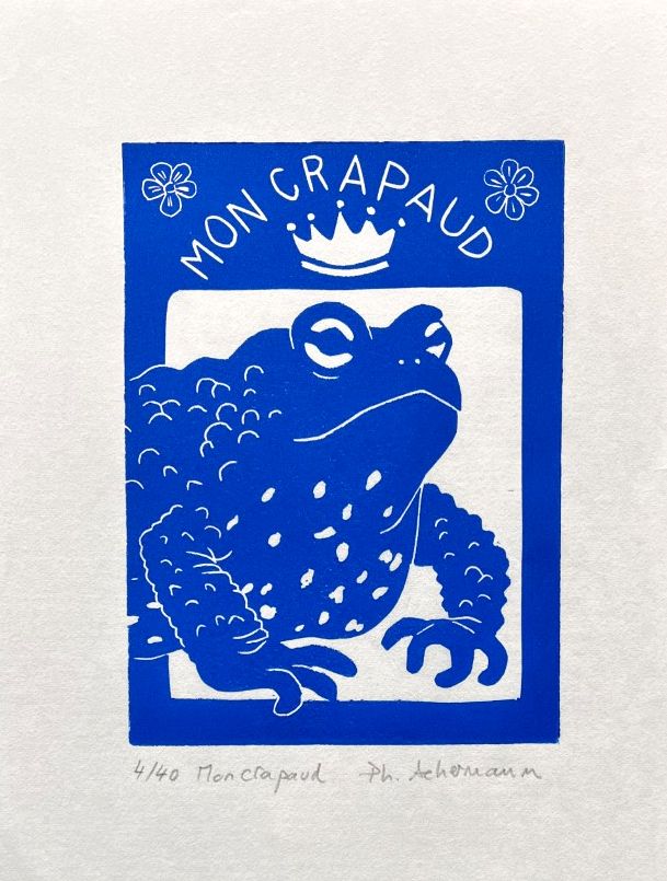 Linogravure figuratif petit format noir MON CRAPAUD – PHILIPPE ACHERMANN – 18 × 24 cm