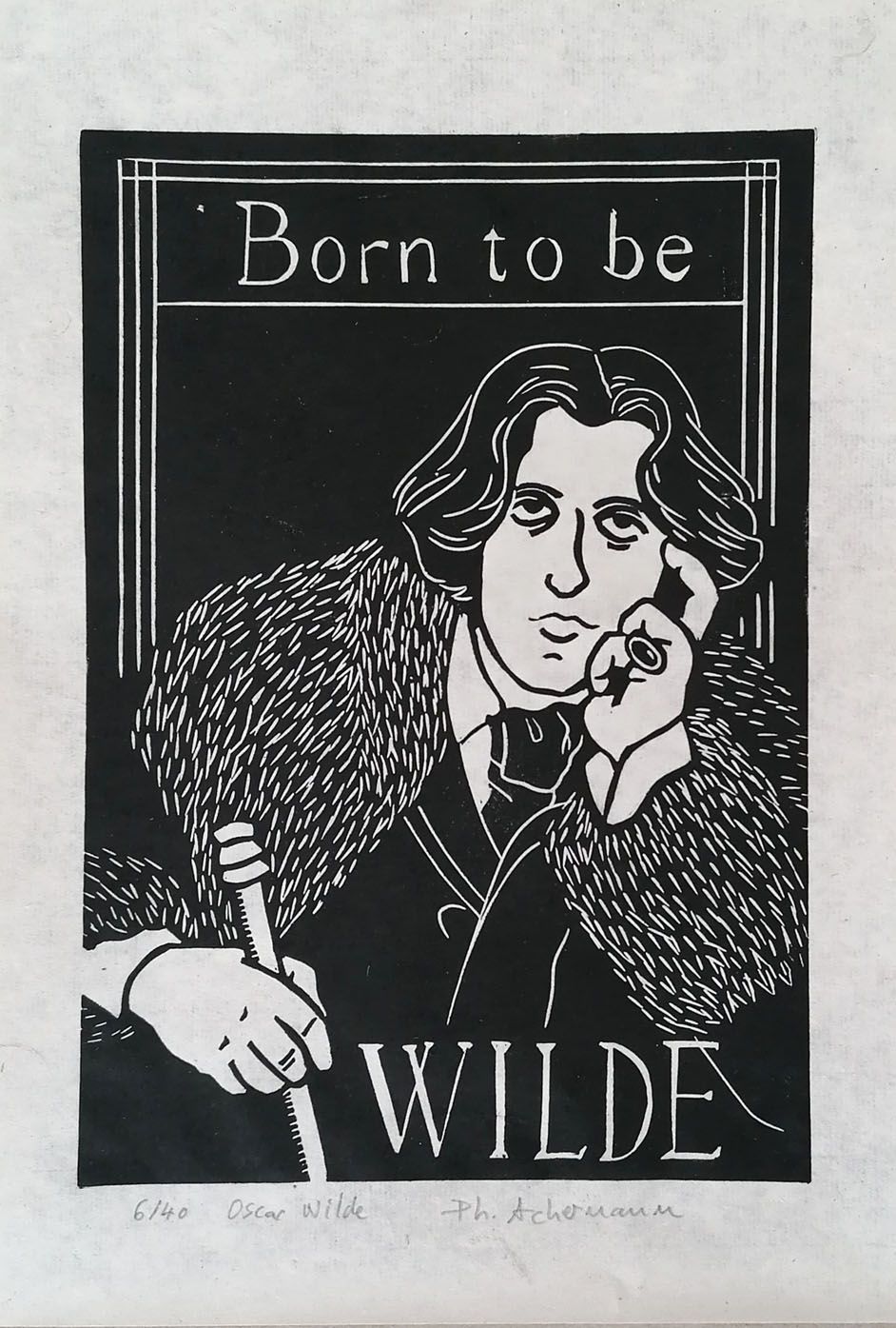 Linogravure figuratif petit format noir Oscar Wilde – PHILIPPE ACHERMANN – 20 × 30 cm