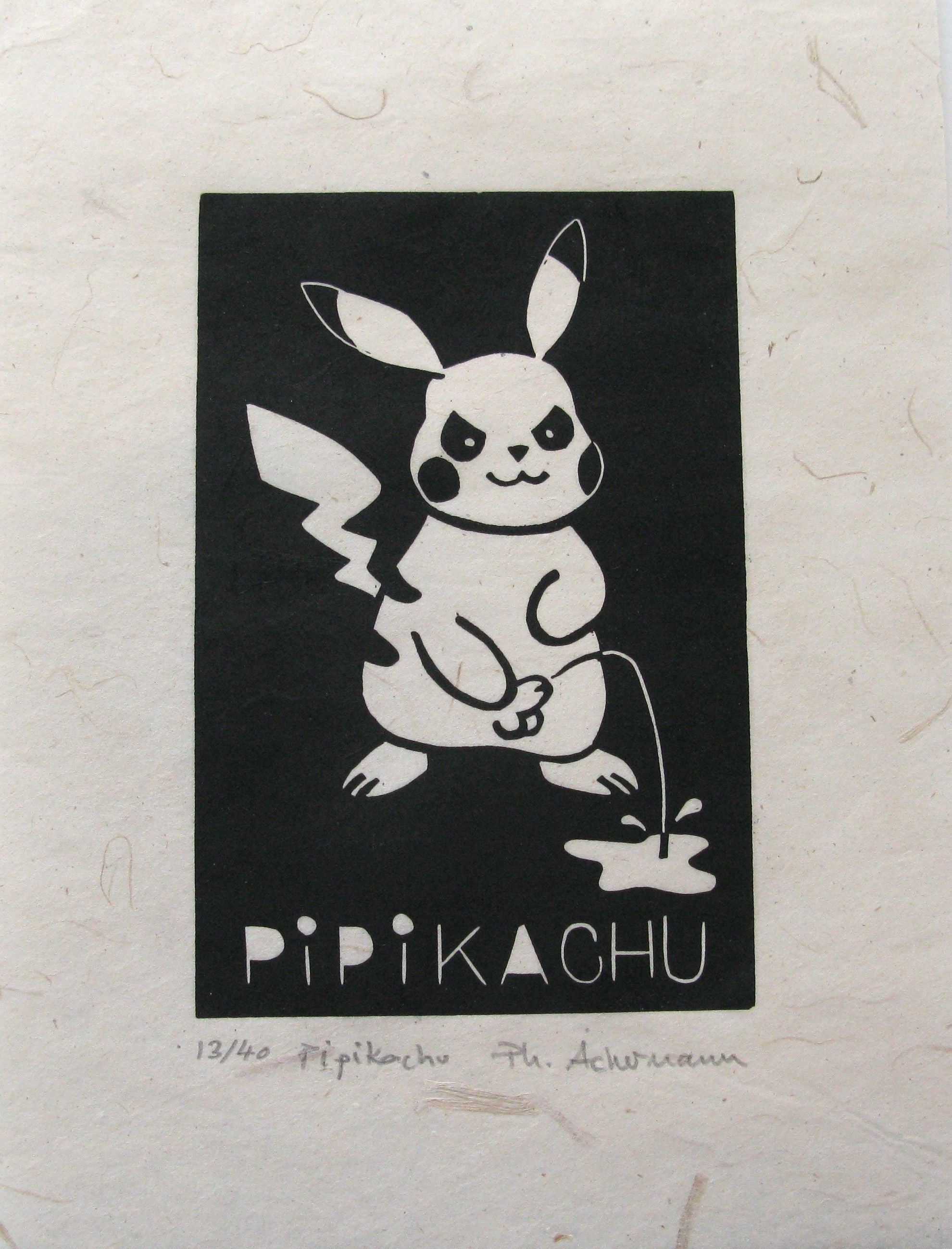 Linogravure figuratif petit format noir Pipikachu – PHILIPPE ACHERMANN – 18 × 24 cm