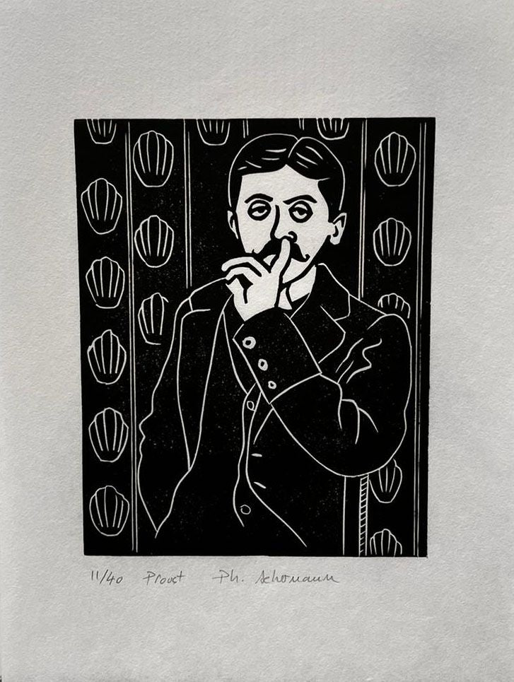 Linogravure figuratif petit format noir PROUST – PHILIPPE ACHERMANN – 24 × 18 cm