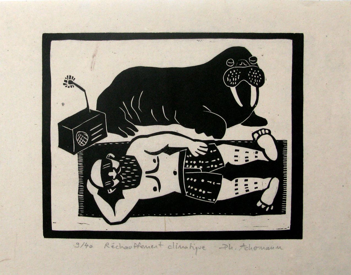 Linogravure figuratif petit format noir rechauffement climatique – PHILIPPE ACHERMANN – 18 × 24 cm