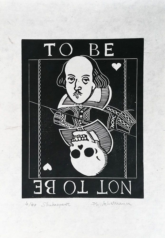 Linogravure figuratif petit format noir Shakespeare – PHILIPPE ACHERMANN – 20 × 30 cm