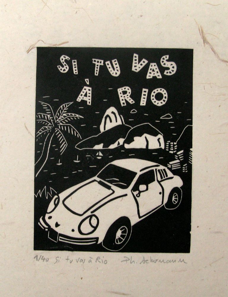 Linogravure figuratif petit format noir Si tu vas a Rio – PHILIPPE ACHERMANN – 18 × 24 cm