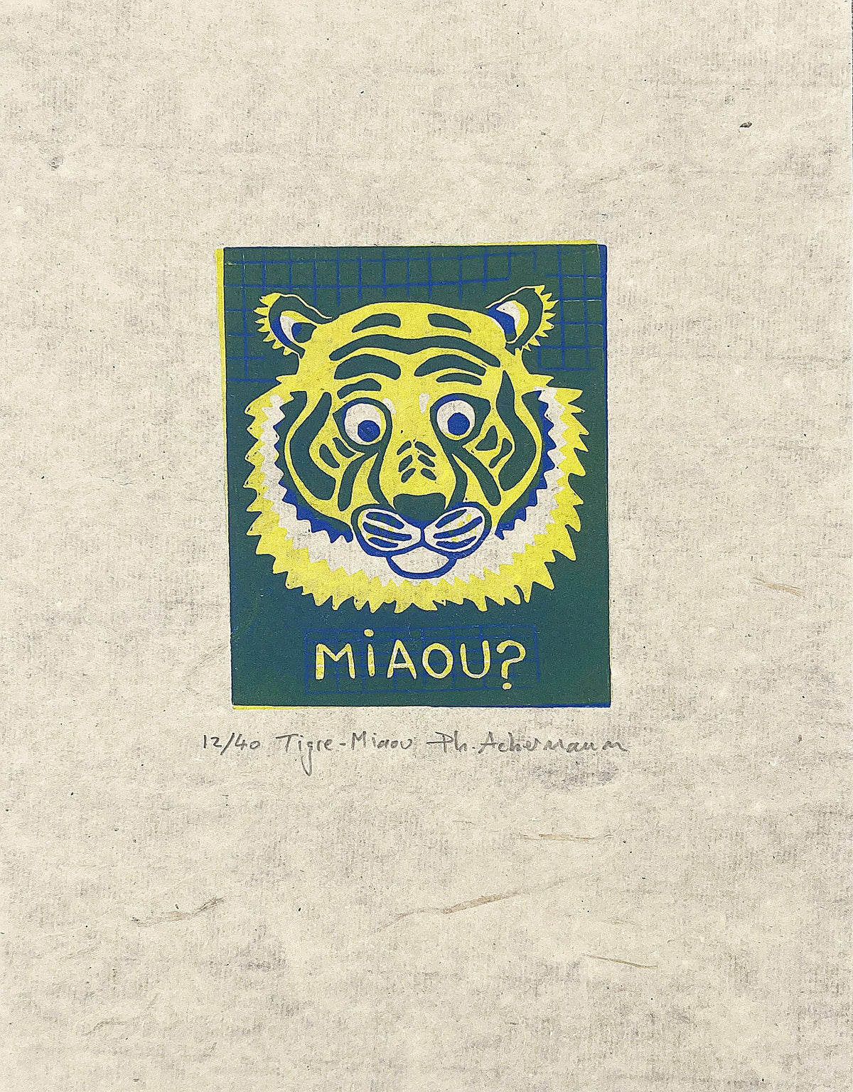 Linogravure figuratif petit format noir TIGRE MIAOU – PHILIPPE ACHERMANN – 18 × 24 cm