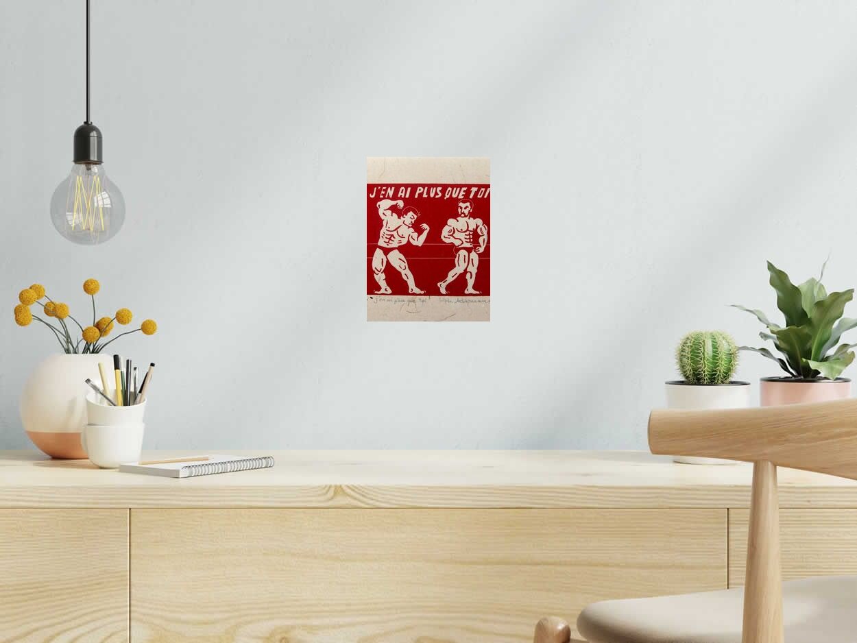 Linogravure J'en ai plus que toi de PHILIPPE ACHERMANN dans un intérieur – 18 × 24 cm