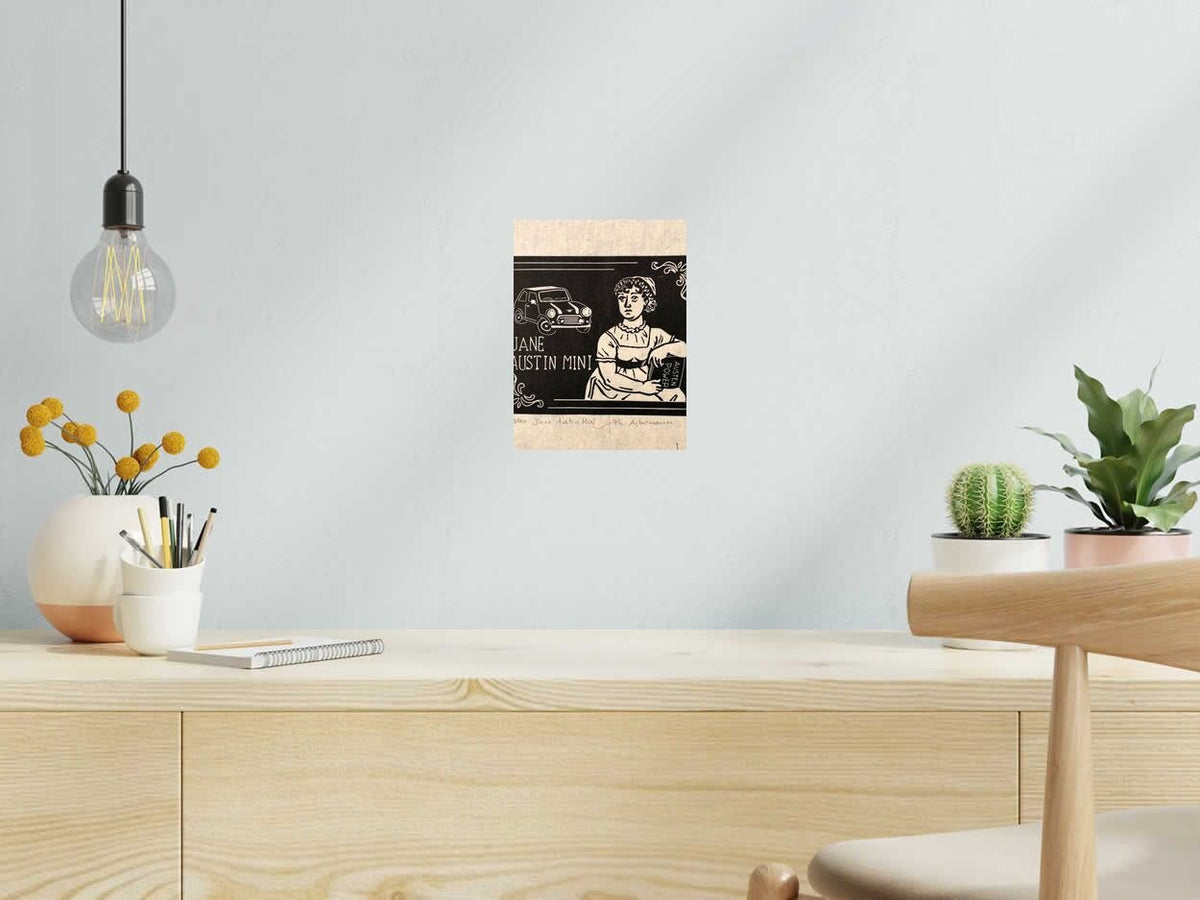 Linogravure Jane Austin Mini de PHILIPPE ACHERMANN dans un intérieur – 18 × 24 cm