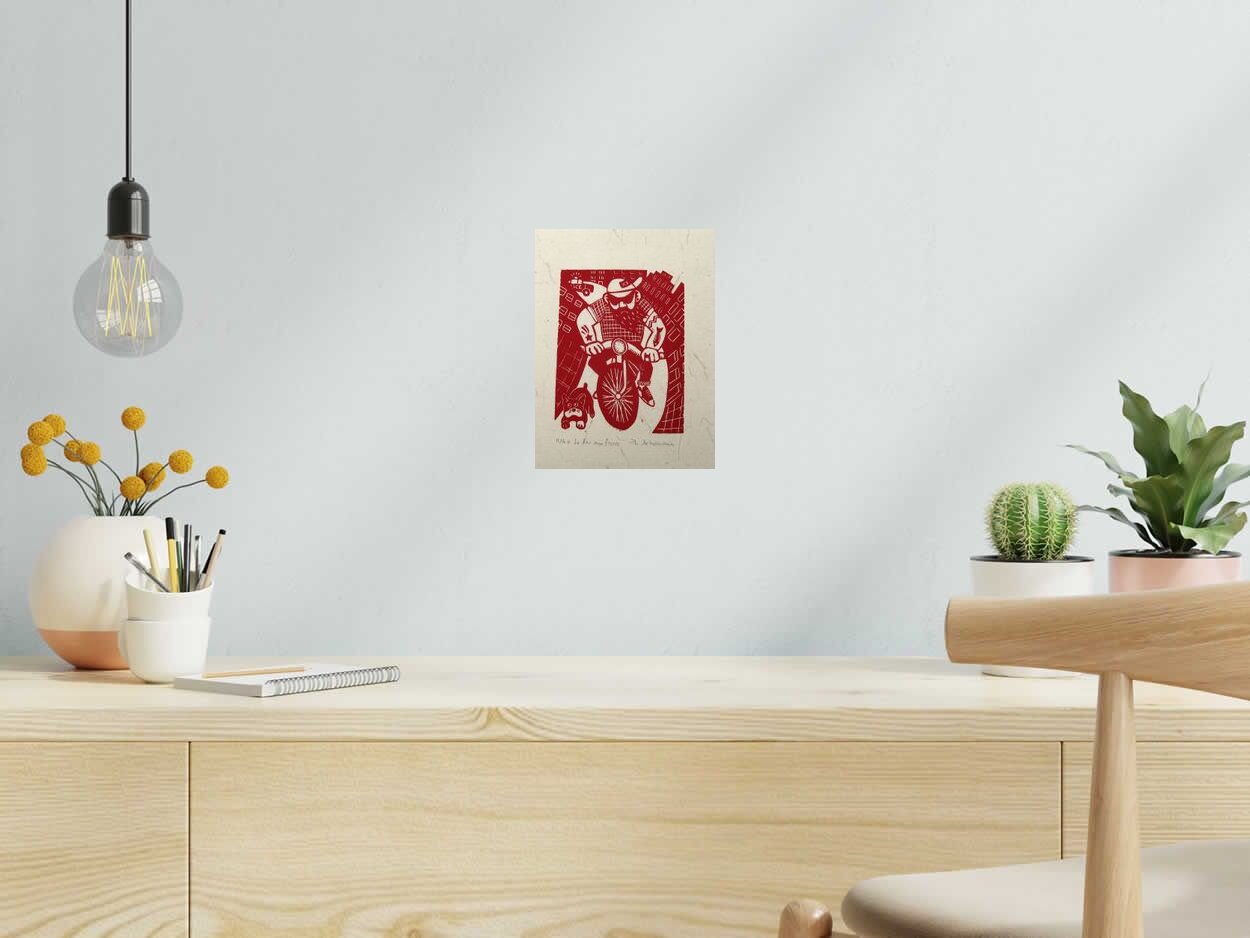 Linogravure LE FEU  AUX FESSES de PHILIPPE ACHERMANN dans un intérieur – 18 × 24 cm