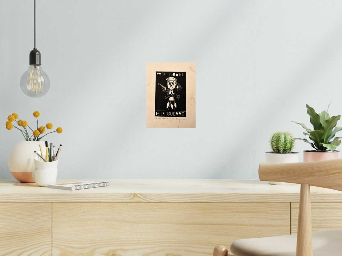 Linogravure Prix Nobel de la guerre de PHILIPPE ACHERMANN dans un intérieur – 18 × 24 cm