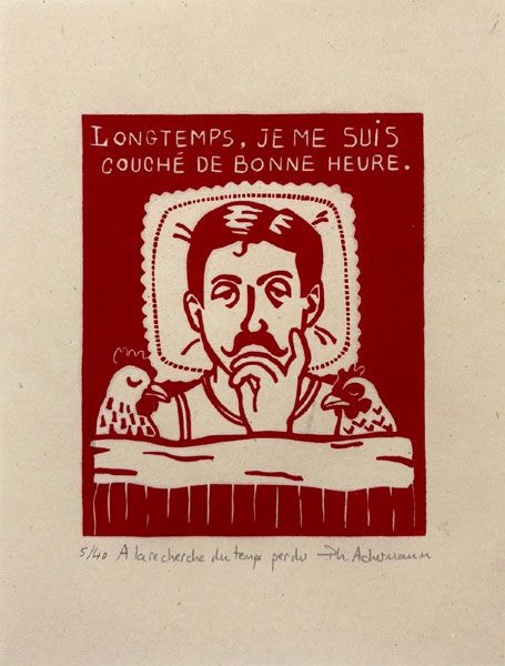 Linogravure figuratif petit format rouge A la recherche... – PHILIPPE ACHERMANN – 18 × 24 cm