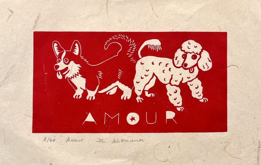 Linogravure figuratif petit format rouge AMOUR – PHILIPPE ACHERMANN – 20 × 30 cm
