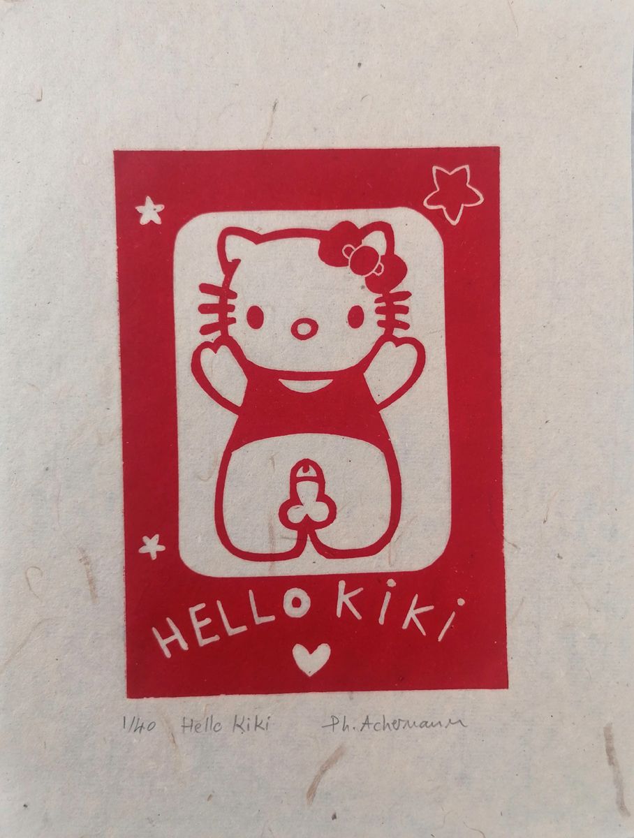 Linogravure figuratif petit format rouge HELLO KIKI – PHILIPPE ACHERMANN – 18 × 24 cm