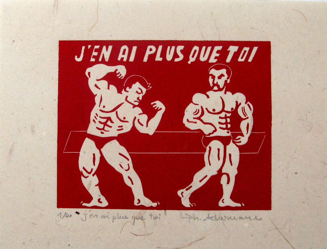 Linogravure figuratif petit format rouge J'en ai plus que toi – PHILIPPE ACHERMANN – 18 × 24 cm