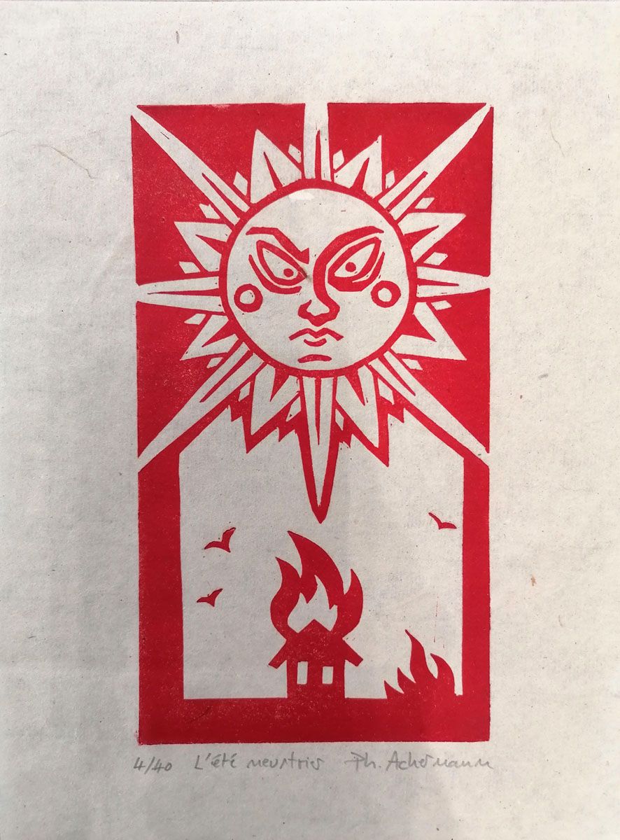 Linogravure figuratif petit format rouge L'été meurtrier – PHILIPPE ACHERMANN – 18 × 24 cm