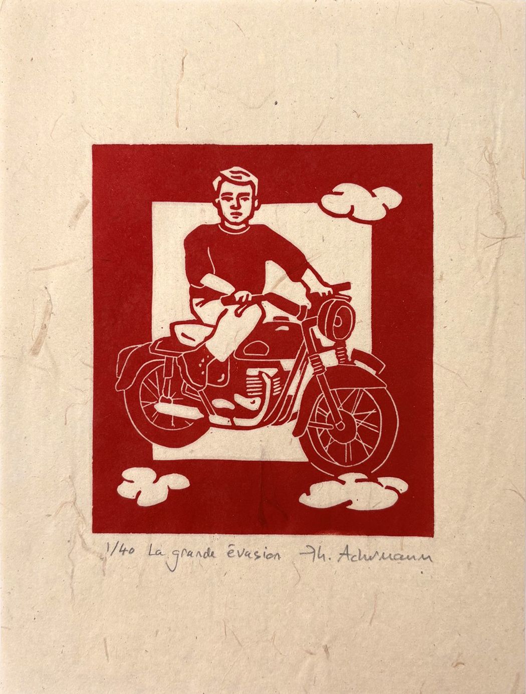 Linogravure figuratif petit format rouge La grande évasion – PHILIPPE ACHERMANN – 24 × 18 cm