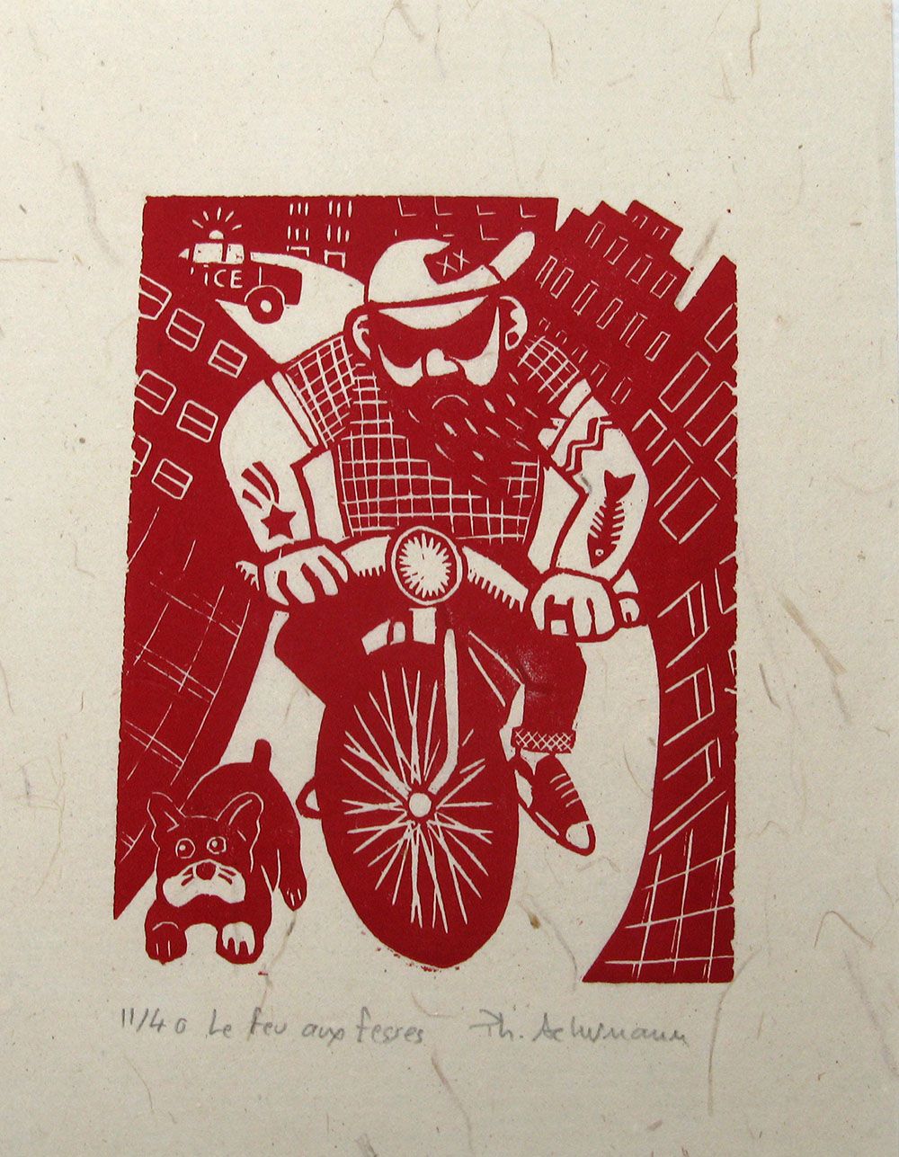 Linogravure figuratif petit format rouge LE FEU  AUX FESSES – PHILIPPE ACHERMANN – 18 × 24 cm