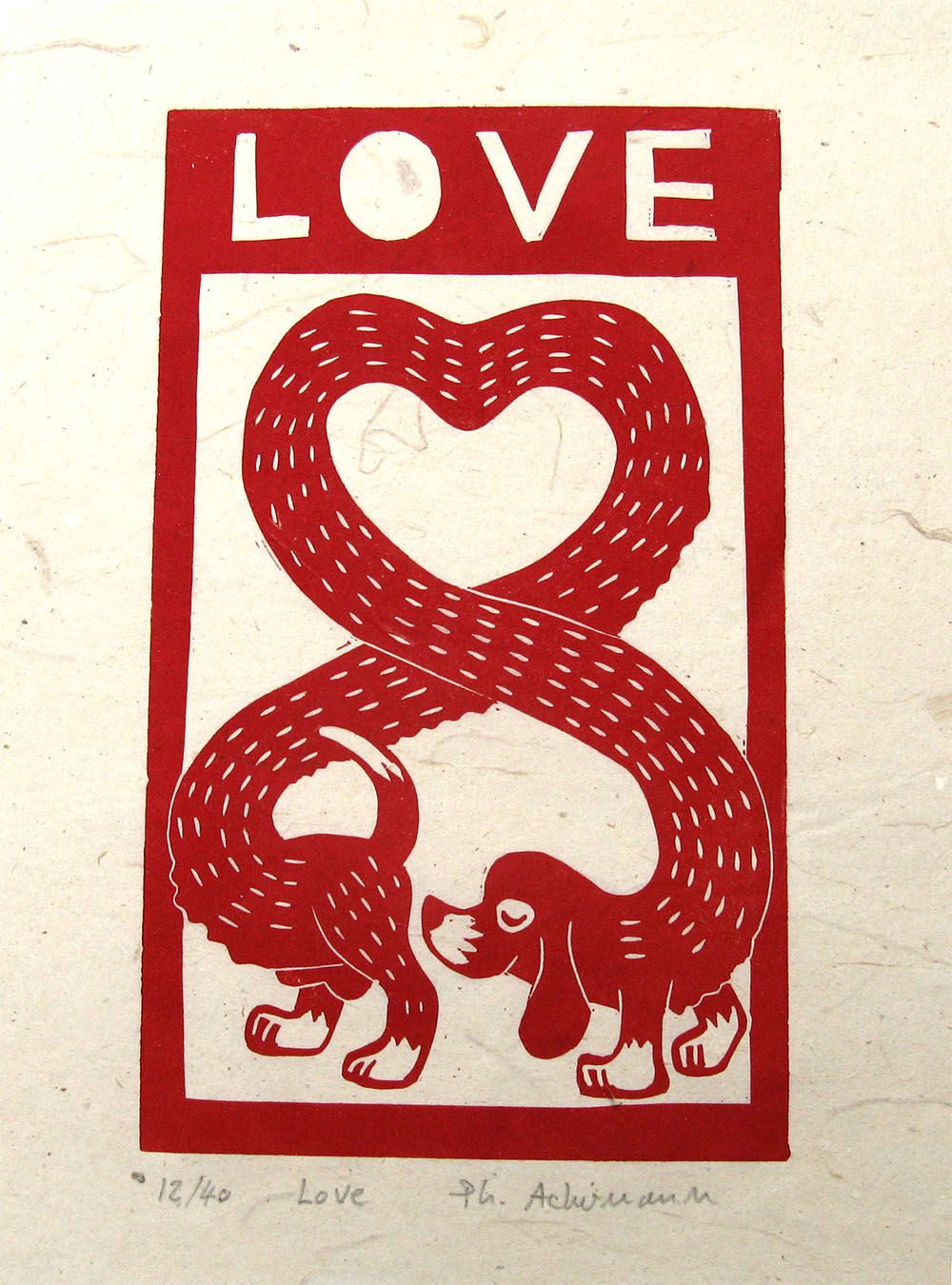 Linogravure figuratif petit format rouge Love – PHILIPPE ACHERMANN – 18 × 24 cm