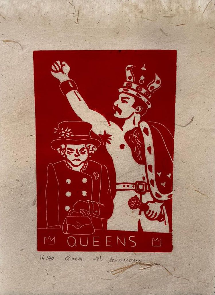 Linogravure figuratif petit format rouge Queens – PHILIPPE ACHERMANN – 18 × 24 cm