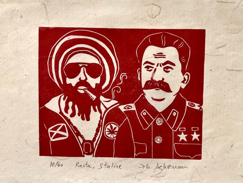 Linogravure figuratif petit format rouge RASTA, STALINE – PHILIPPE ACHERMANN – 18 × 24 cm