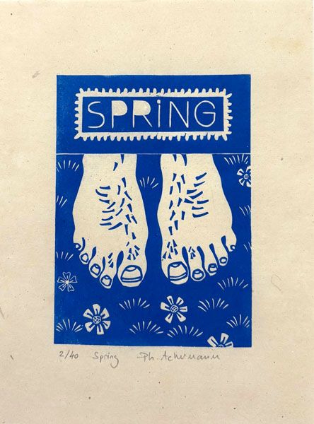 Linogravure figuratif petit format rouge SPRING – PHILIPPE ACHERMANN – 18 × 24 cm