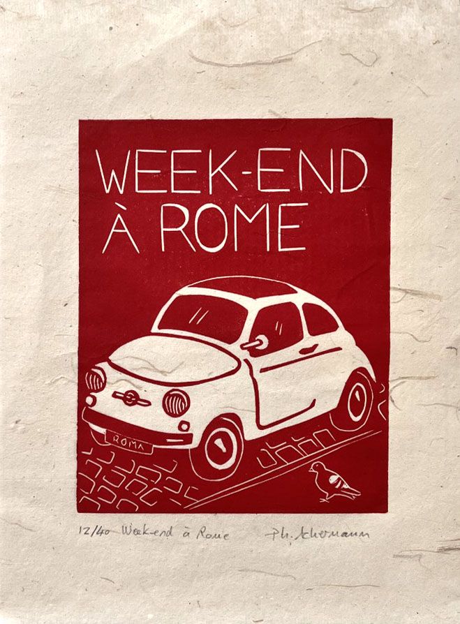 Linogravure figuratif petit format rouge WEEK-END A ROME – PHILIPPE ACHERMANN – 18 × 24 cm