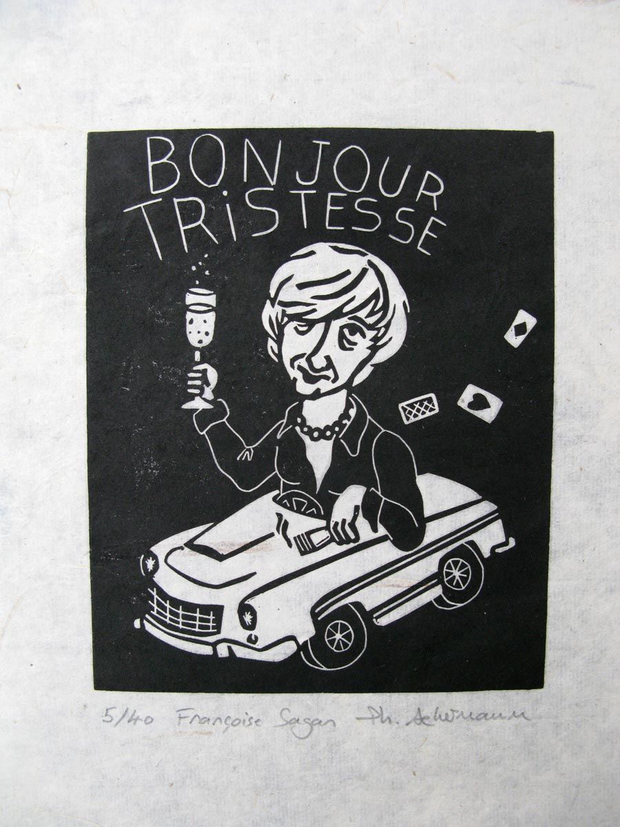 Linogravure graphique petit format noir Bonjour tristesse – PHILIPPE ACHERMANN – 24 × 18 cm